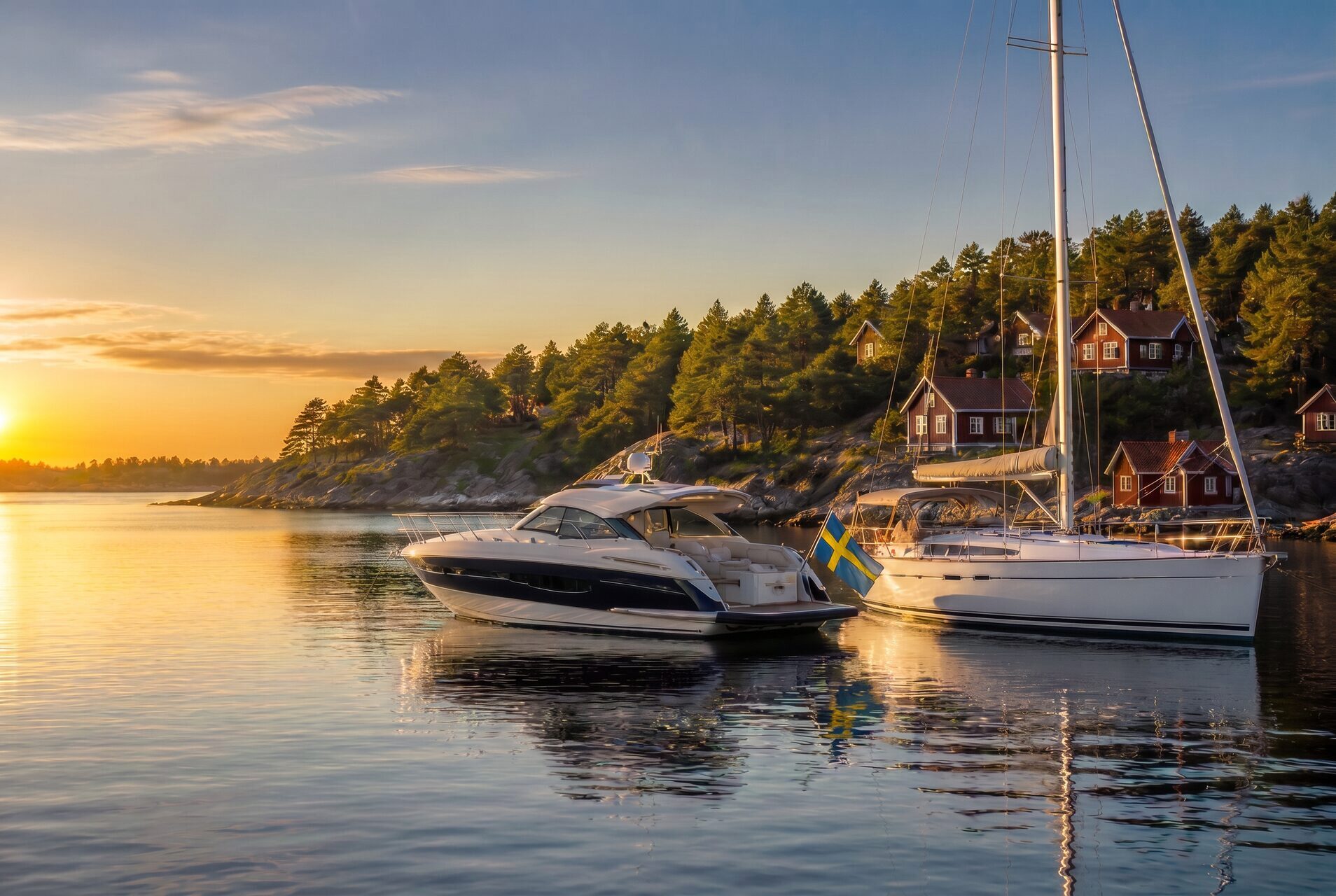 Motorbåt och segelbåt i Stockholms skärgård